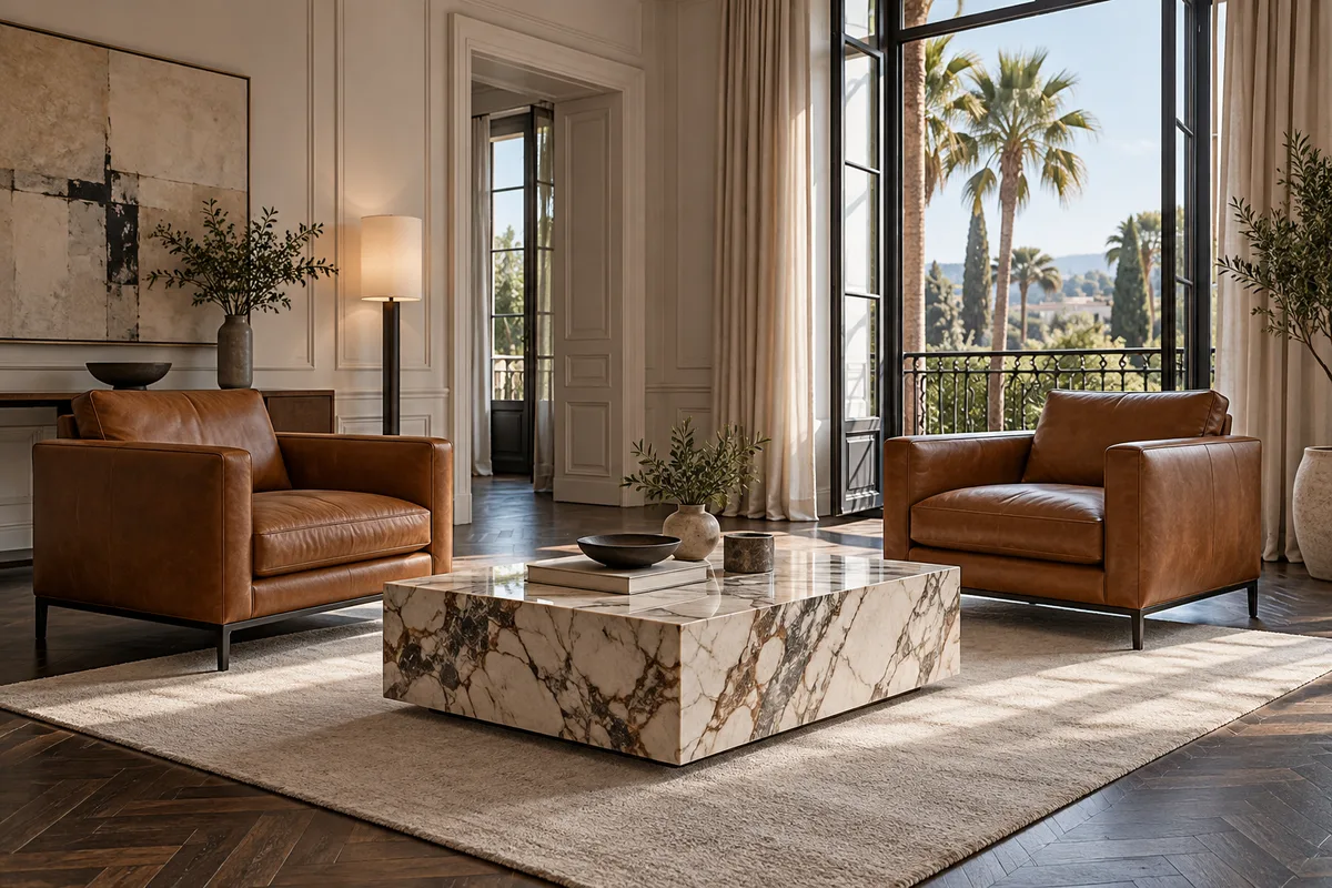 Salon de réception feutré avec fauteuils en cuir et table basse en marbre devant une grande fenêtre