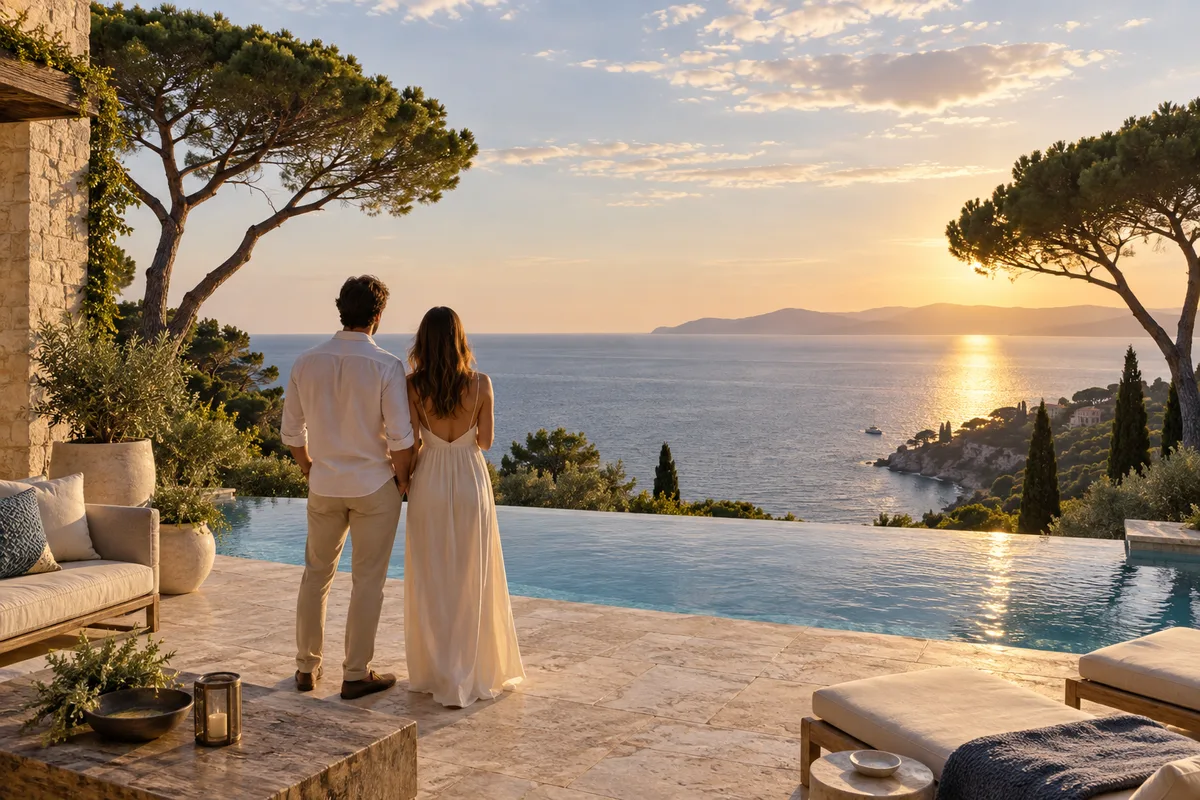 Deux visiteurs de dos sur la terrasse d’une villa, piscine et mer en contrebas