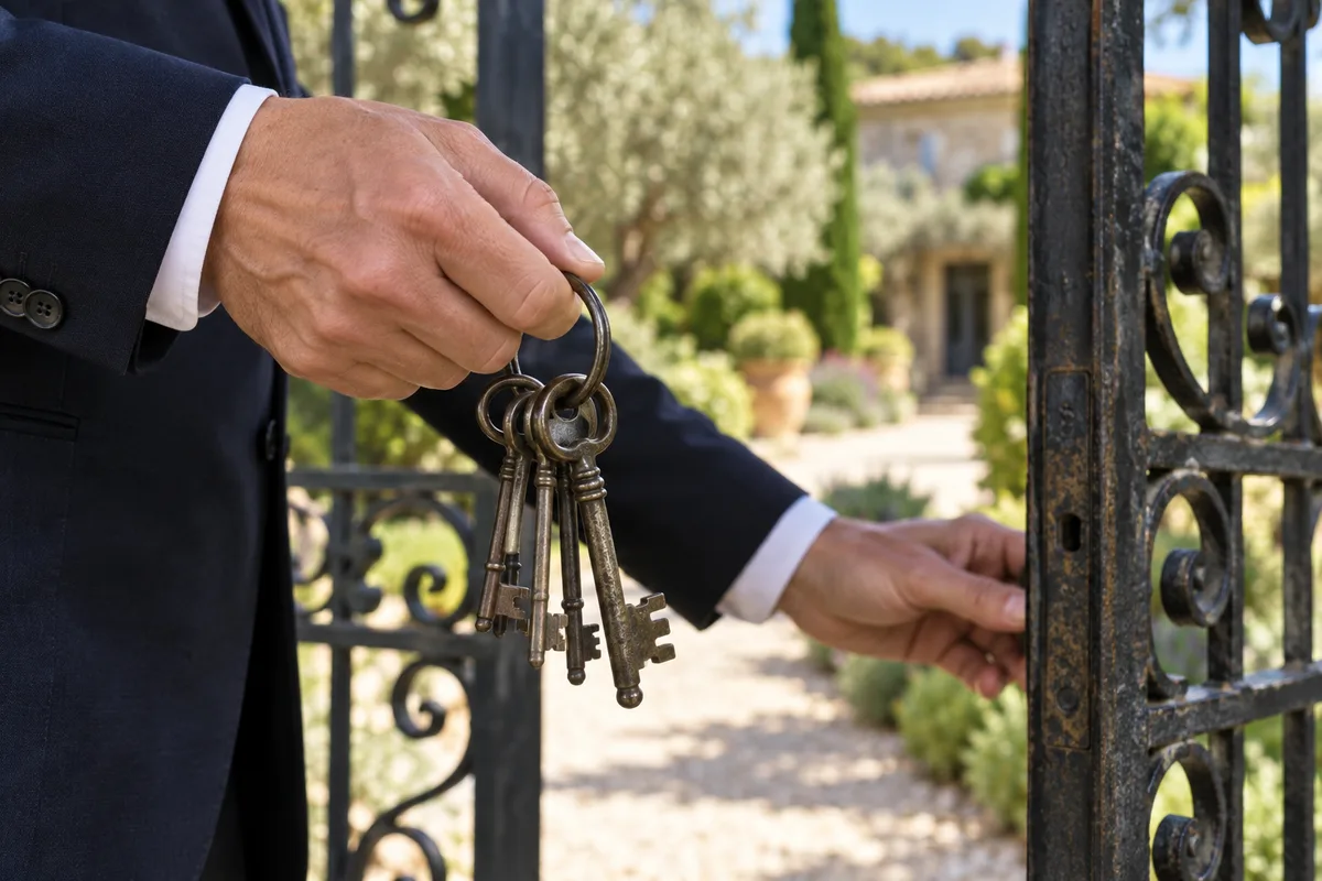Mains tenant un trousseau de clés devant un portail en fer forgé d’une propriété méditerranéenne