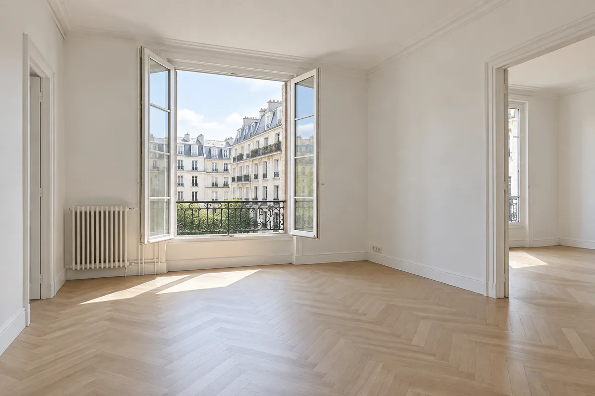 Appartement vide avec parquet et grande fenêtre ouverte sur des immeubles clairs