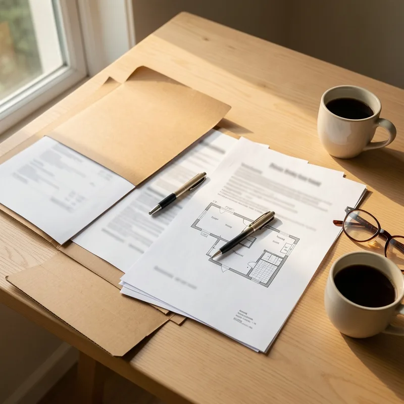 Dossier de sinistre, plans et documents d’assurance étalés sur une table en bois