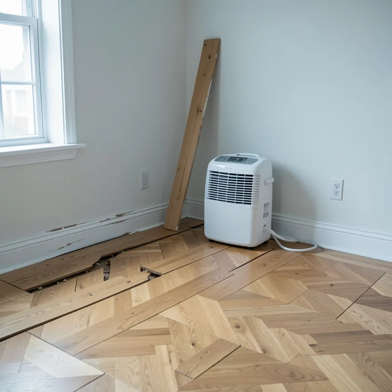 Parquet gondolé par l’humidité dans un séjour, déshumidificateur en fonctionnement