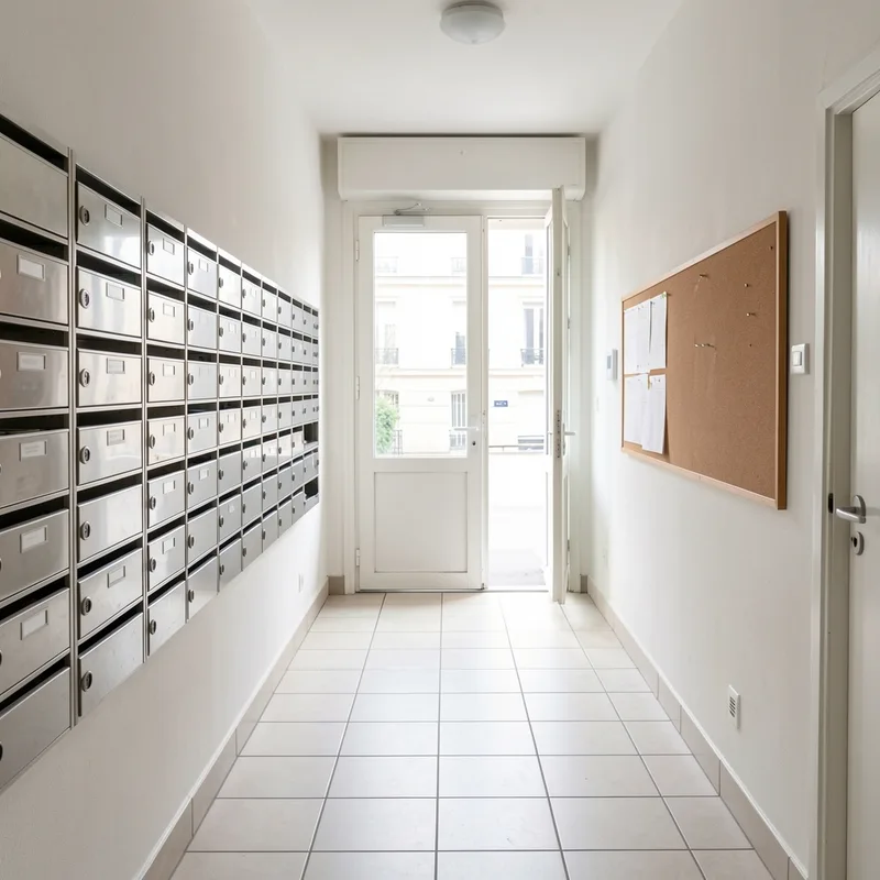 Hall d’entrée d’un immeuble résidentiel francilien, boîtes aux lettres et sol carrelé