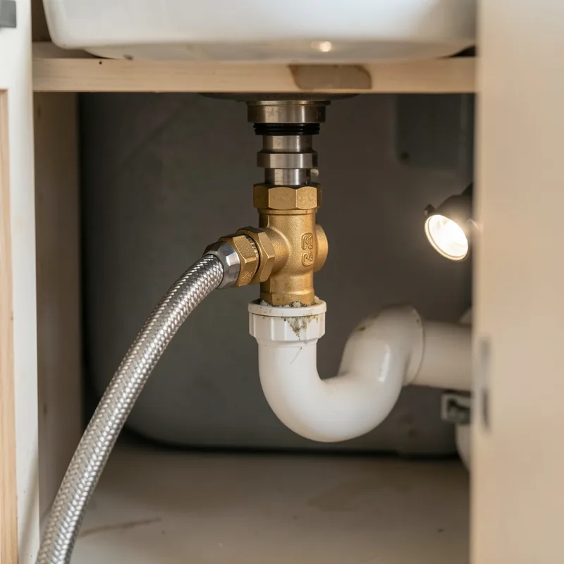 Robinet d’arrêt et flexible de machine à laver sous un meuble de cuisine