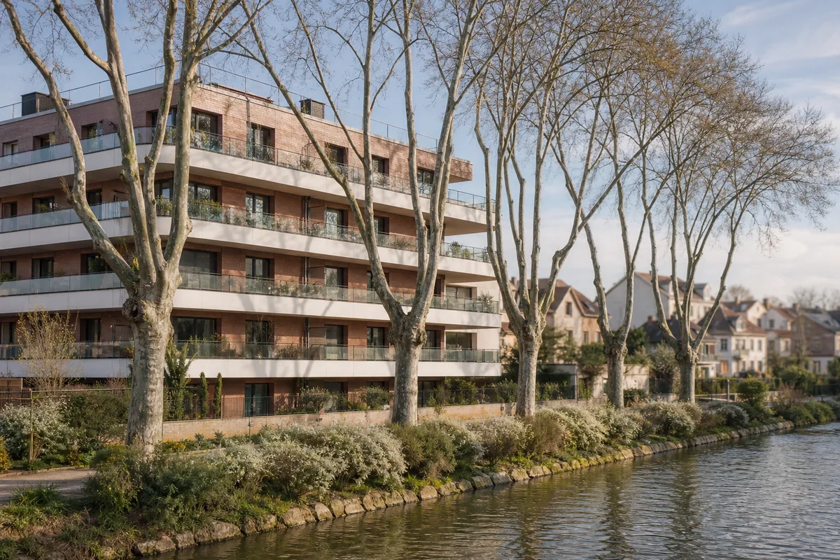 Immeuble d&rsquo;habitation en brique avec balcons filants en Seine-Saint-Denis