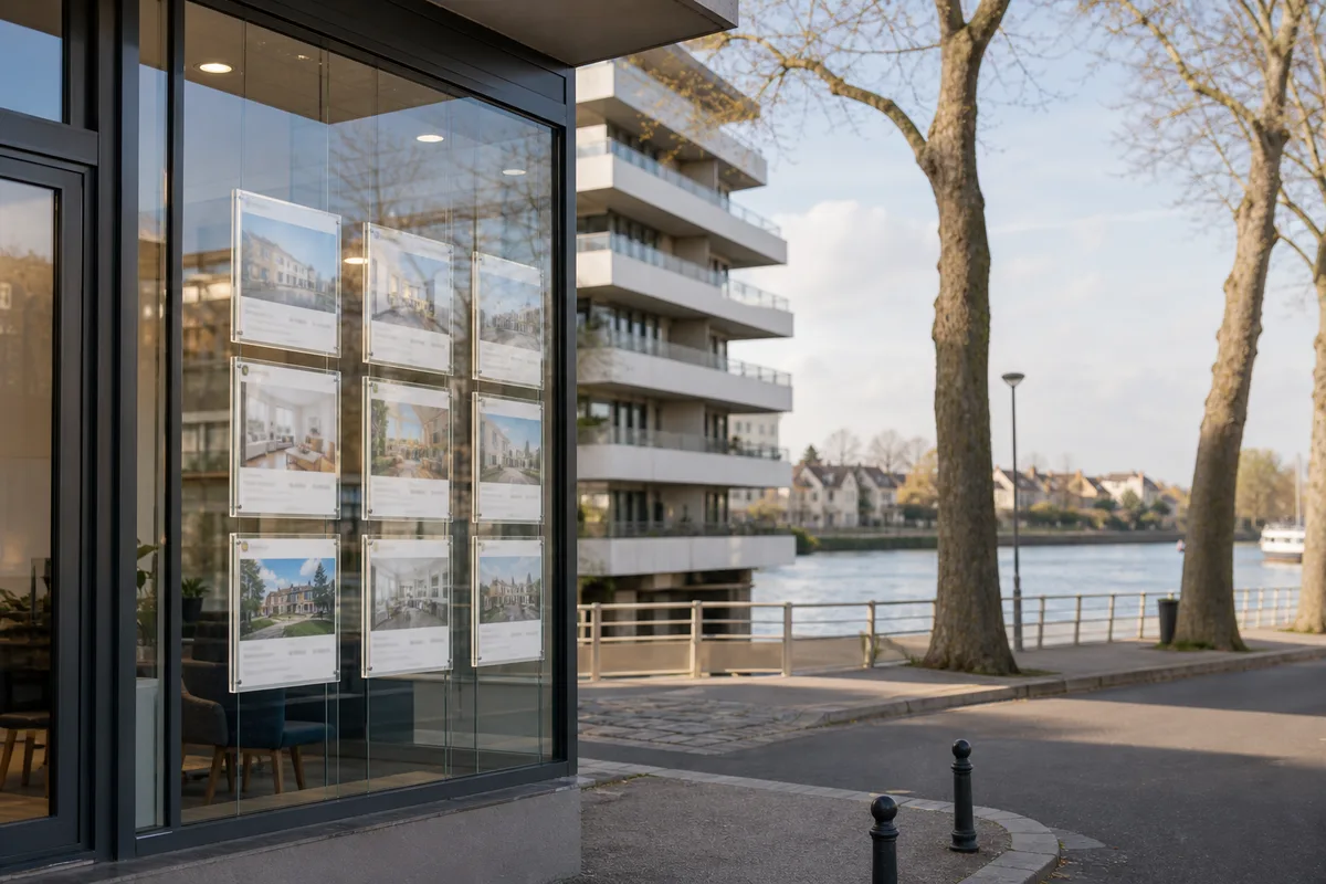 Vitrine d&rsquo;une agence immobilière avec annonces affichées dans une rue de Créteil