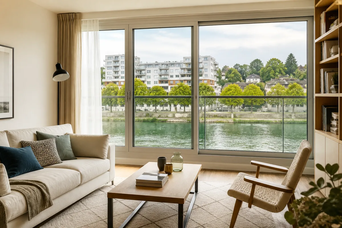 Salon d&rsquo;appartement lumineux avec canapé et bibliothèque