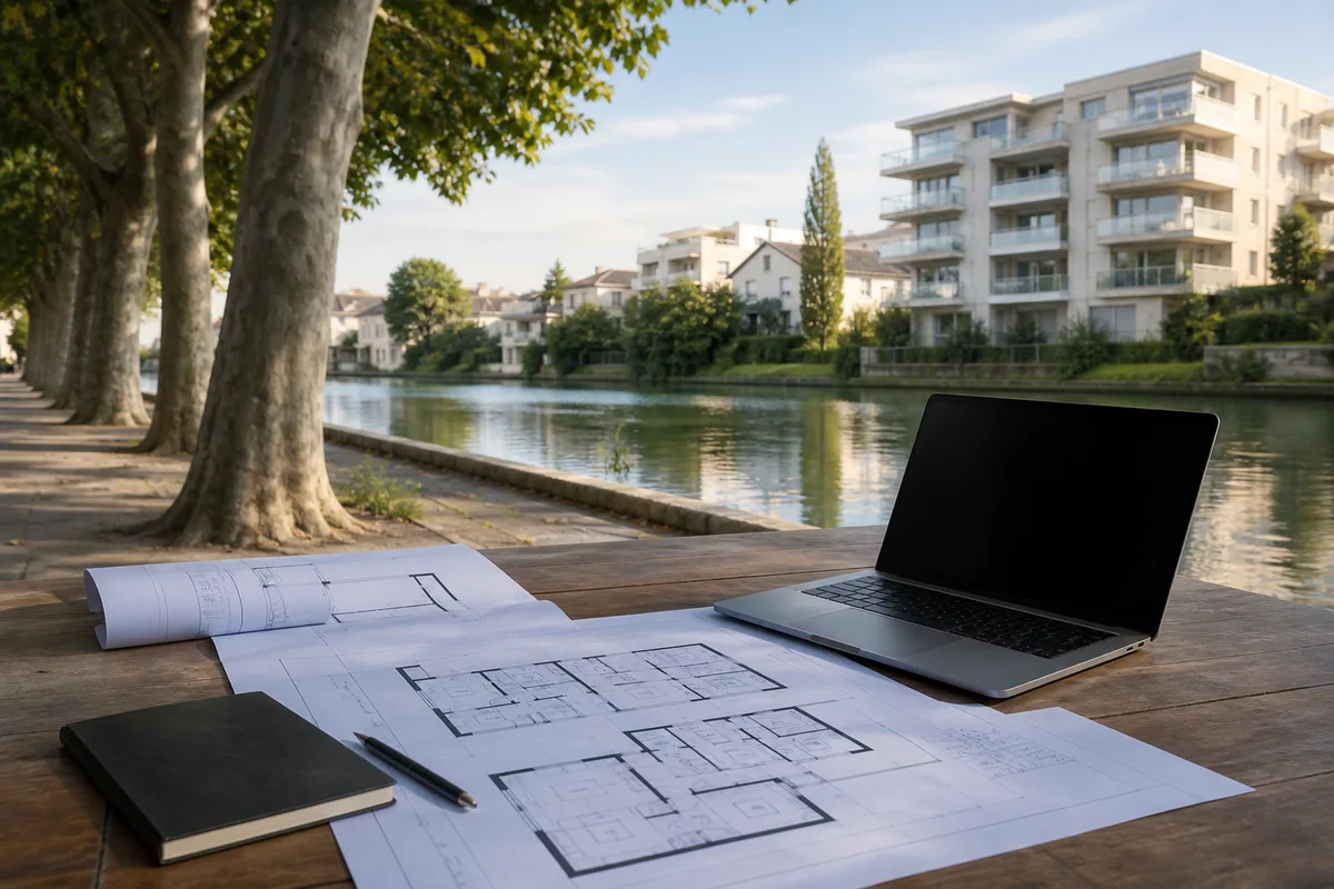 Bureau de travail avec plans d’appartement et ordinateur portable