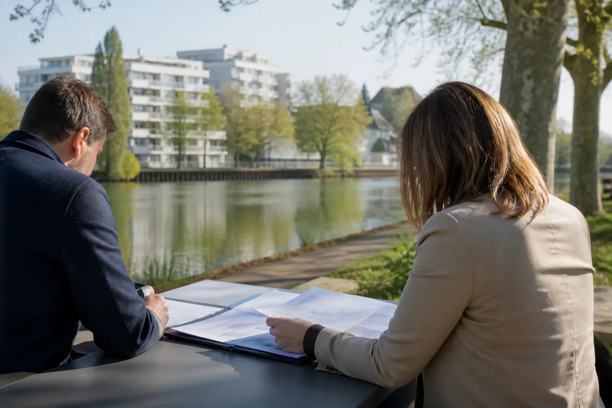 Deux personnes examinant des documents contractuels sur une table de réunion