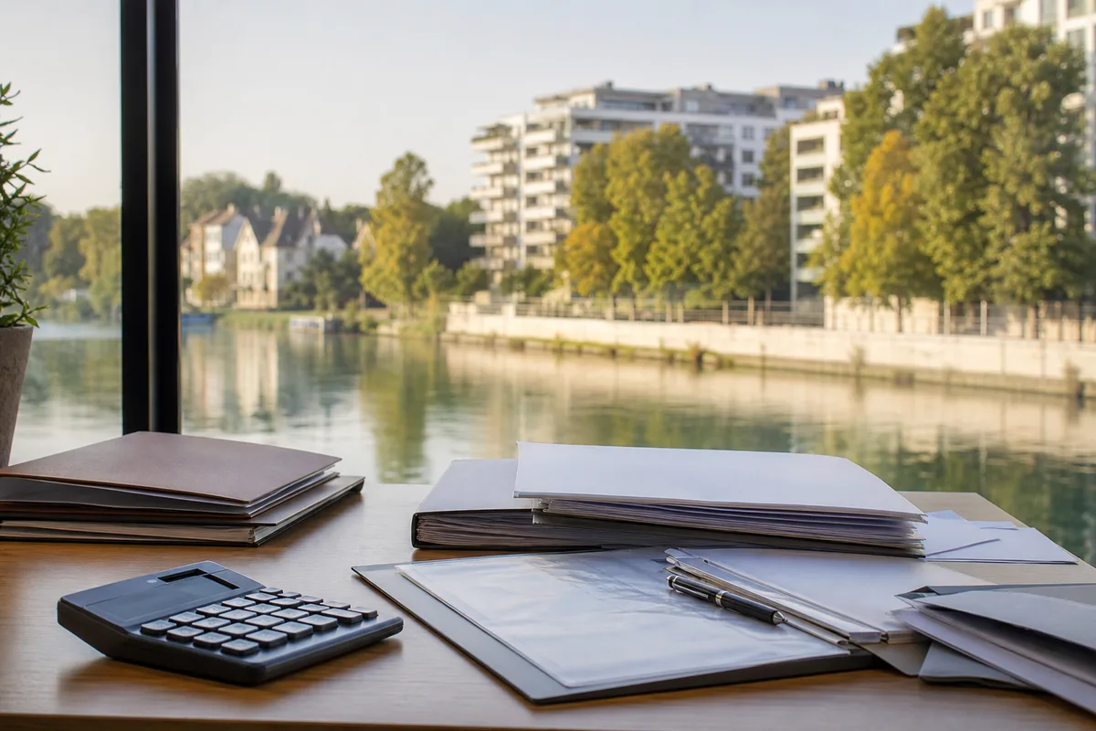 Bureau avec calculatrice, dossiers et documents d’assurance