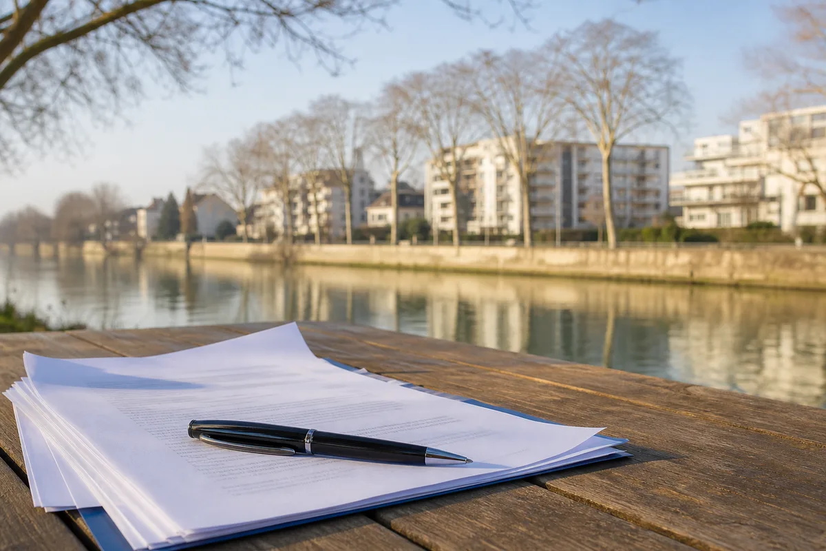 Documents de bail et stylo posés sur une table en bois
