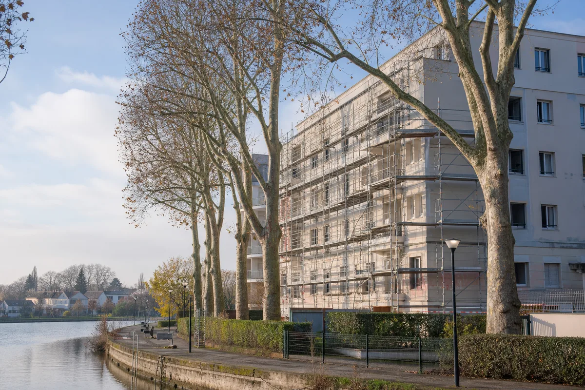 Façade d’un immeuble résidentiel avec échafaudage de ravalement